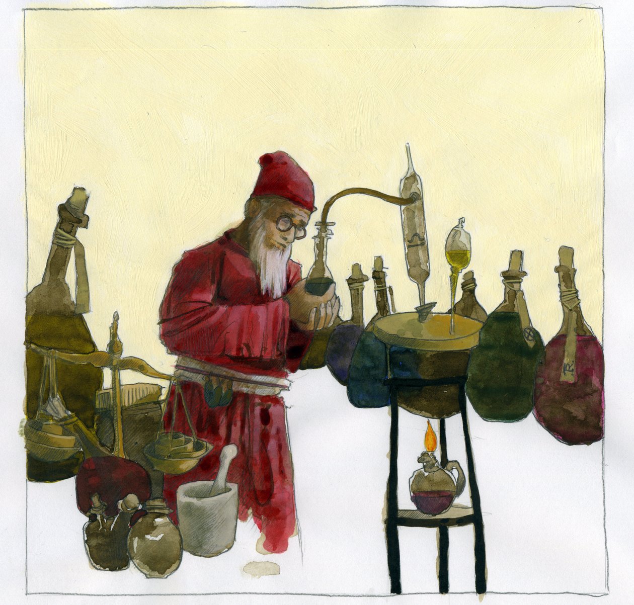 炼金术士在他的实验室里被小瓶和剧照包围 插画：Alessandro Lonati 作者 亚历山德罗·洛纳蒂