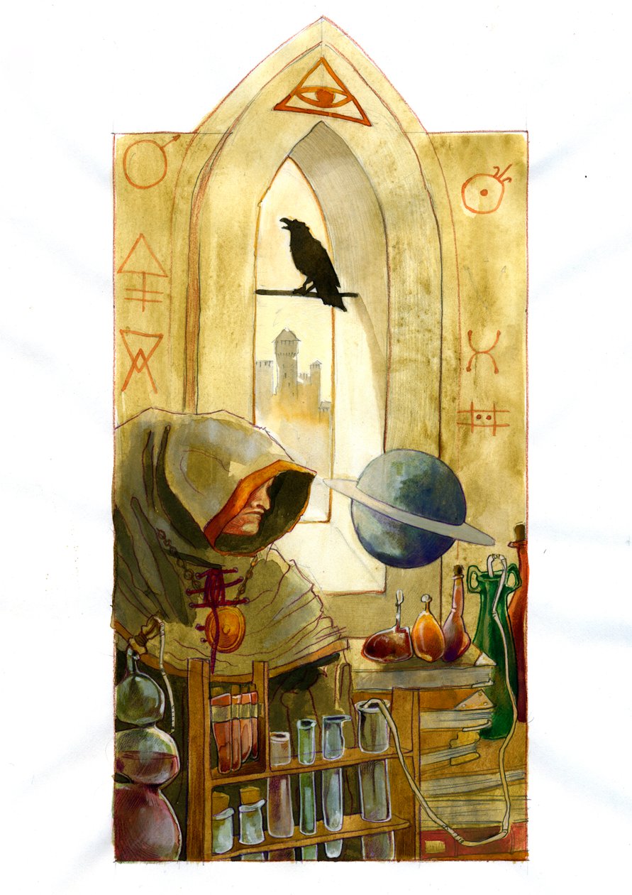 An alchemist in his laboratory surrounded by vials and stills examining the contents of a vial (alchemist in his laboratory surrounded by vials and stills)   1459156   zh       chinese Successfully Translated  Original: Parnassus, with Pegasus and Poets Tr 作者 亚历山德罗·洛纳蒂