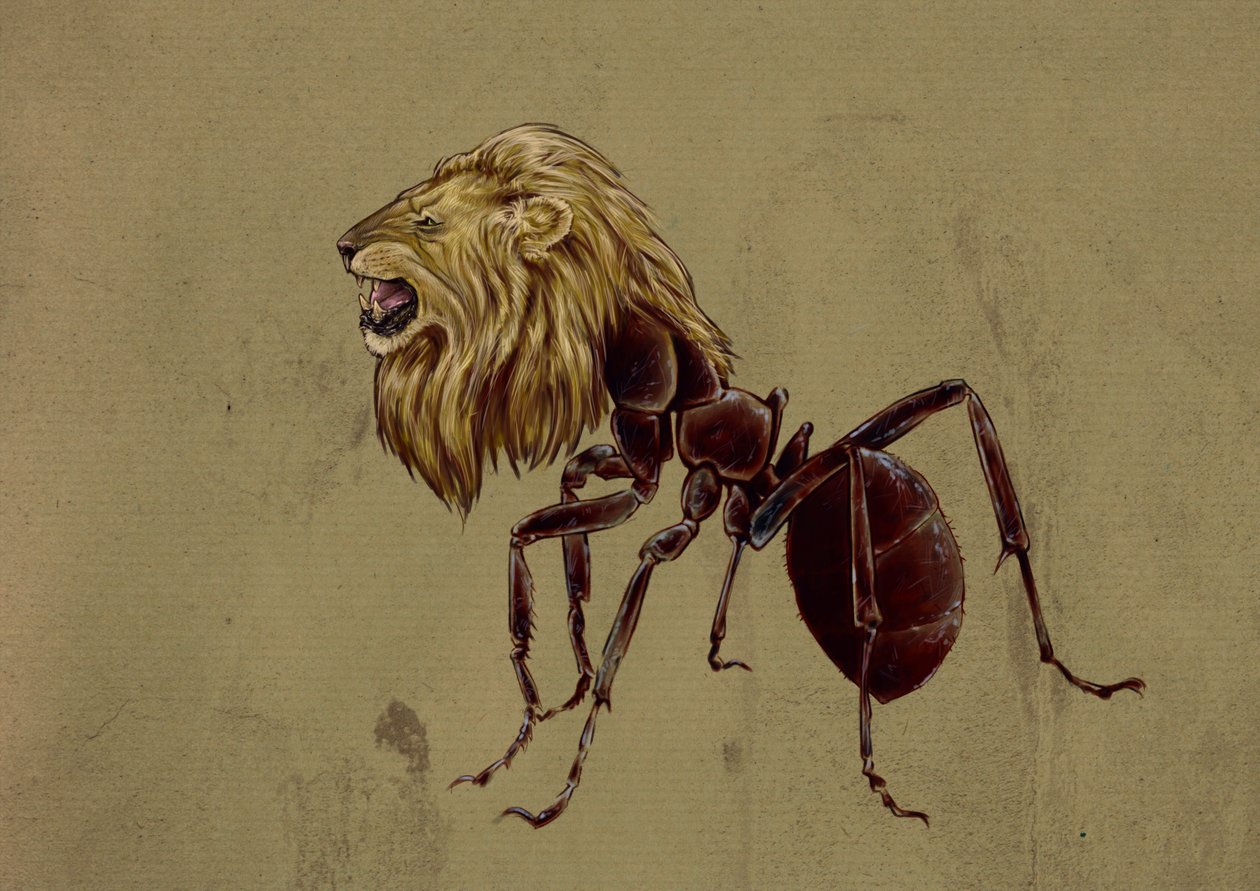 神奇的怪物和生物，隐秘动物学：Myrmecoleon 的代表，狮子头的蚂蚁 - 亚历山德罗·洛纳蒂 (Alessandro Lonati) 绘画，2012 年 作者 亚历山德罗·洛纳蒂