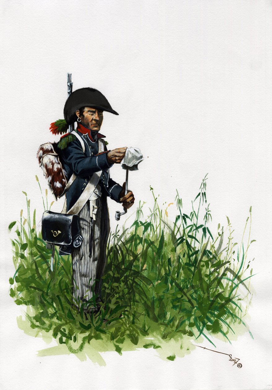 第一帝国（1804-1814和1815）：伟大的法国拿破仑军队的士兵步兵猎人。 亚历山德罗·洛纳蒂绘画 作者 亚历山德罗·洛纳蒂