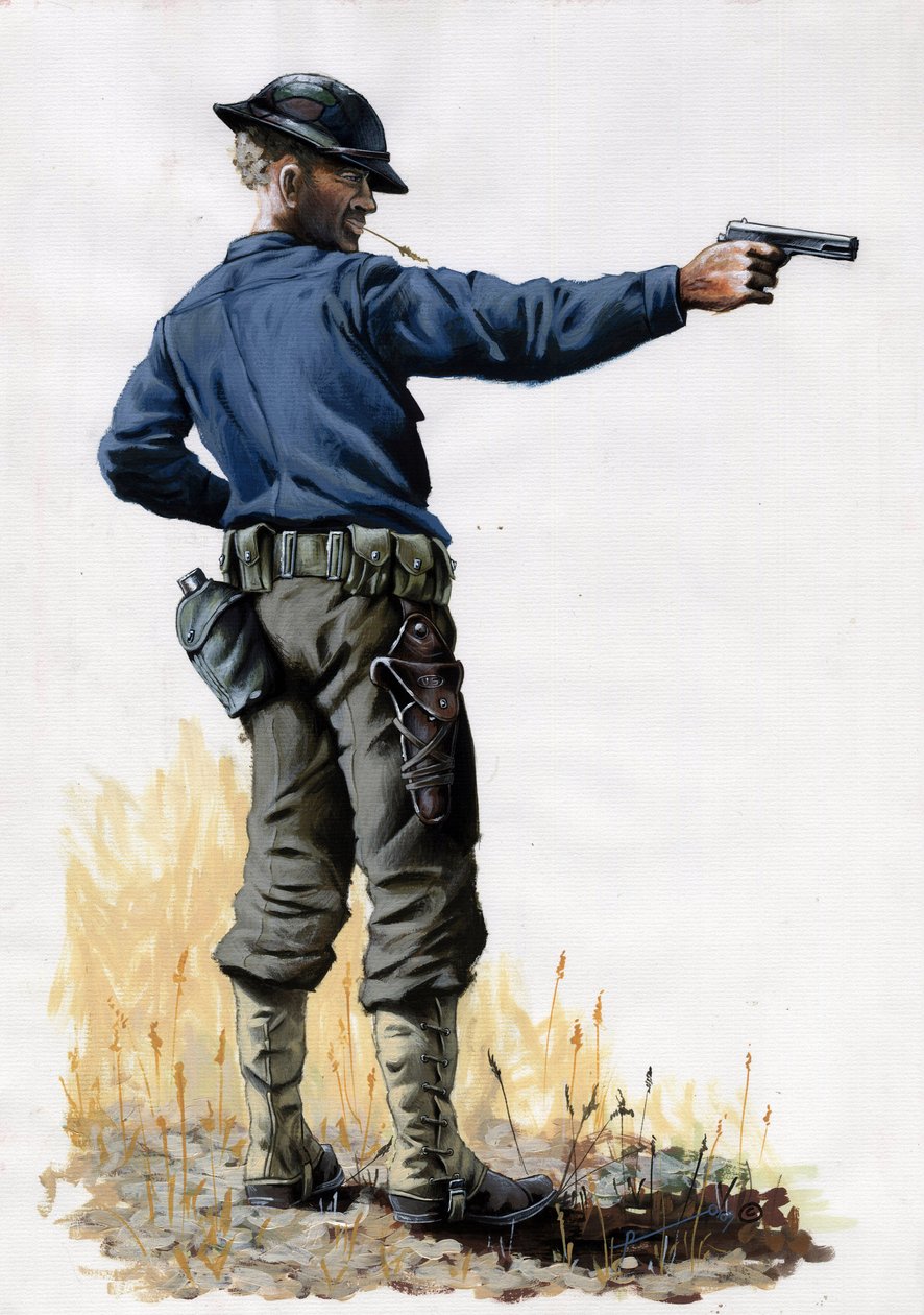1914-1918 年第一次世界大战：1917 年，西线战场上手持手枪的美军步兵。亚历山德罗-洛纳蒂绘制 作者 亚历山德罗·洛纳蒂