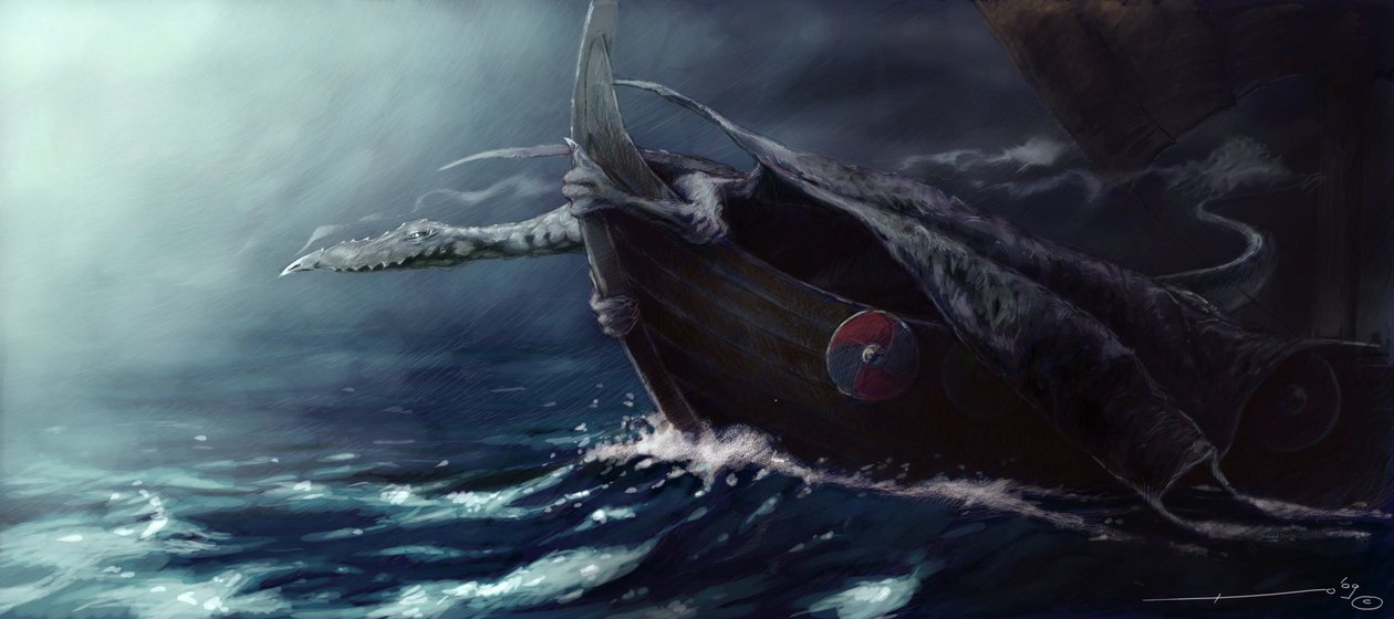 传说中的生物：攻击 Drakkar（维京船）的龙 亚历山德罗·洛纳蒂 (Alessandro Lonati) 绘图 作者 亚历山德罗·洛纳蒂