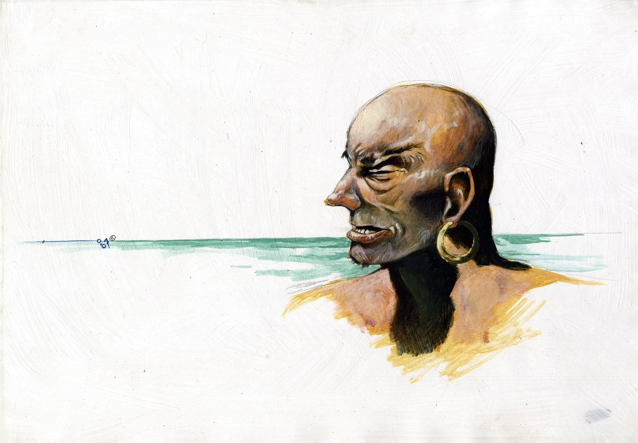 海盗（私掠者）或水手的肖像，底部有大海。 亚历山德罗·洛纳蒂 (Alessandro Lonati) 的彩色绘图。 作者 亚历山德罗·洛纳蒂