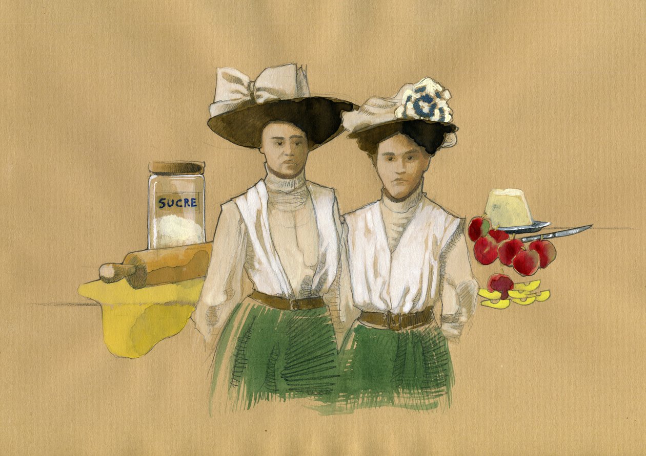 发明了甜点 francais tatin a de Lamotte-Beuvron en Sologne 的斯蒂芬妮 (Stephanie) 和卡罗琳·塔丁 (Caroline Tatin) 姐妹 (1838-1917) 和卡罗琳·塔丁 (Caroline Tatin) (1847-1911) 姐妹的肖像 （通常 作者 亚历山德罗·洛纳蒂