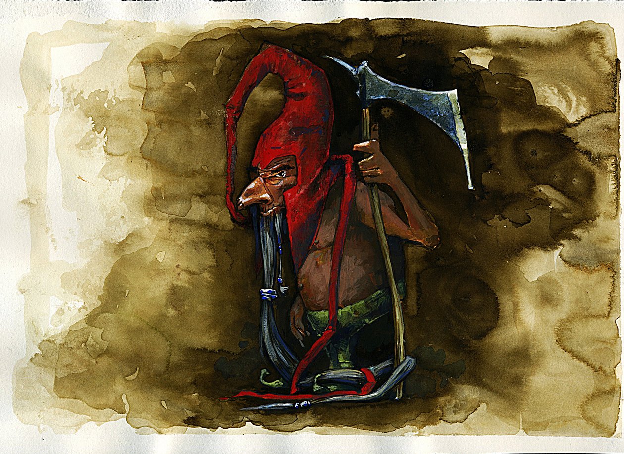 英国民间传说中的红帽（Red cap、powrie 或 dunter、Red-Bonnet）传说中的妖精家族恶毒生物 -（边境民间传说中发现的红帽、恶毒凶残的矮人、妖精、精灵或仙女）插图由 Alessandro Lo 绘制 作者 亚历山德罗·洛纳蒂