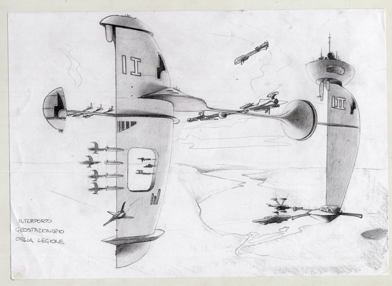 科幻小说插图：宇宙中的太空基地与船舶。 亚历山德罗·洛纳蒂绘画 作者 亚历山德罗·洛纳蒂