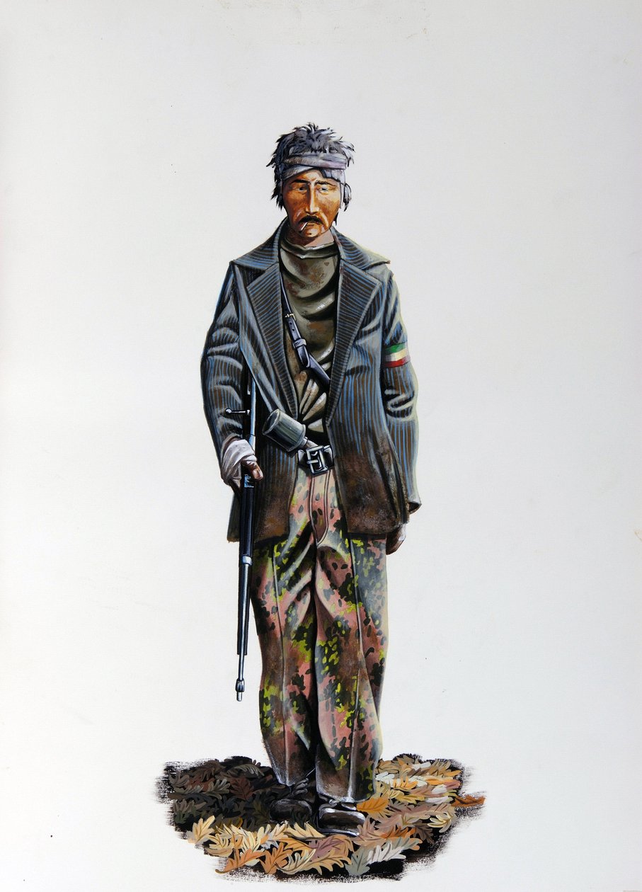 第二次世界大战：意大利抵抗运动（游击队或游击队、游击队）（Resistenza Italiana）成员，身着迷彩服，手持机枪武器。1943-1945.亚历山德罗-洛纳蒂插图 作者 亚历山德罗·洛纳蒂
