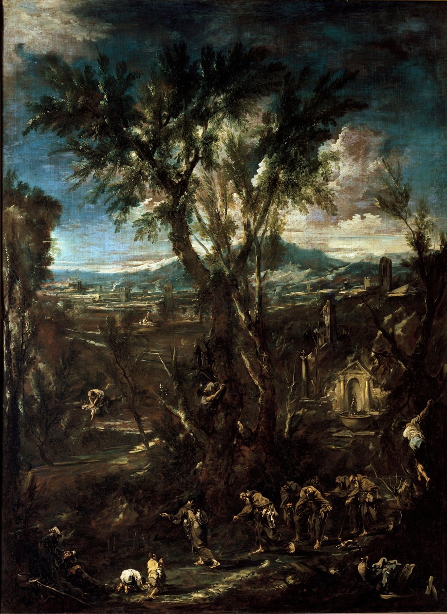 梦幻般的风景与僧侣 画家：Alessandro Magnasco dit il Lissandrino (1667-1749) 1720 Dim. 237x175 cm Pinacoteca di Brera Milan 作者 亚历山德罗·麦格纳斯科（Alessandro Magnasco）