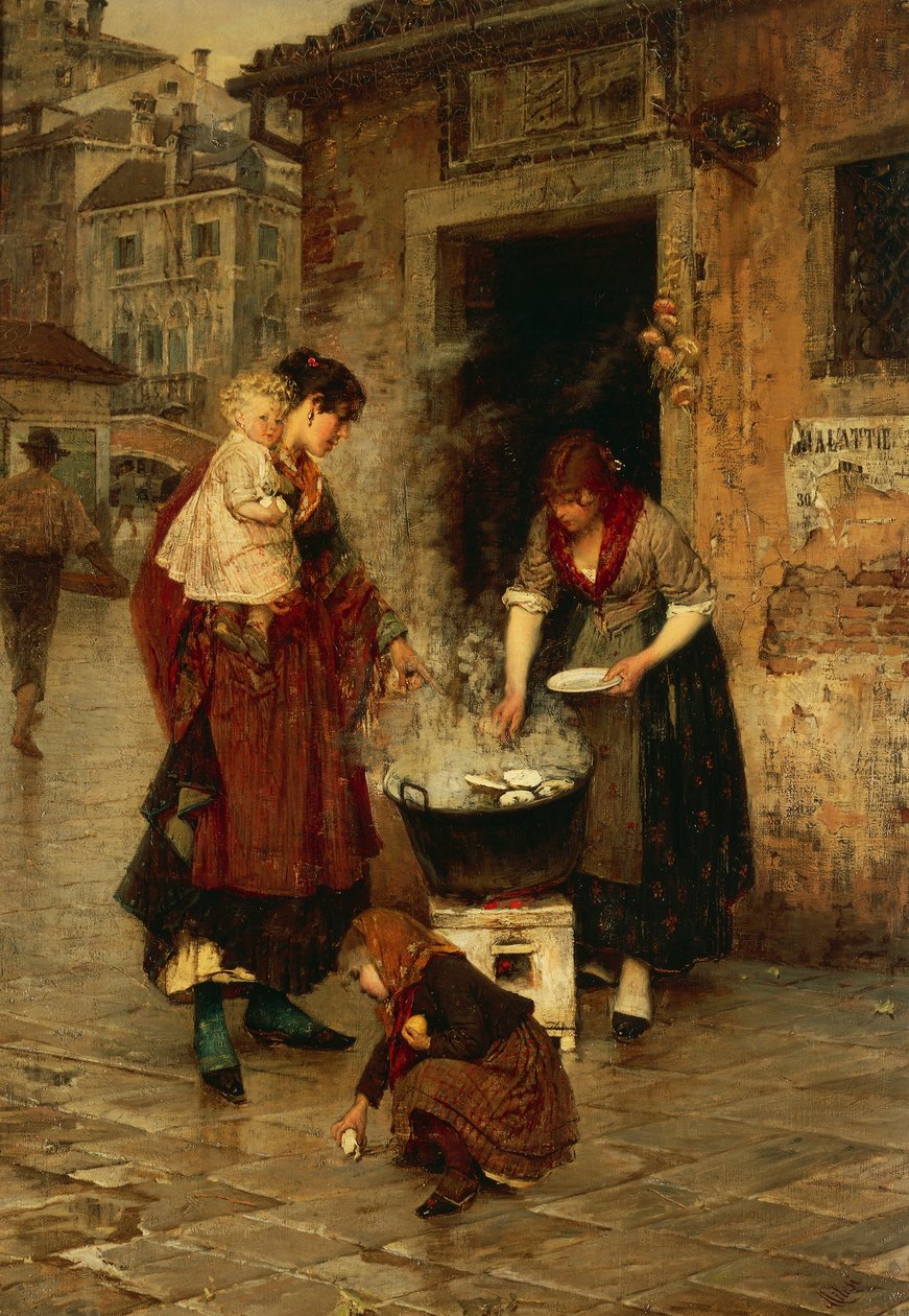 威尼斯卖蛤蜊，亚历山德罗·米莱西（Alessandro Milesi，1856-1945 年），布面油画，91x65 厘米。 意大利，20 世纪。 作者 亚历山德罗·米勒西