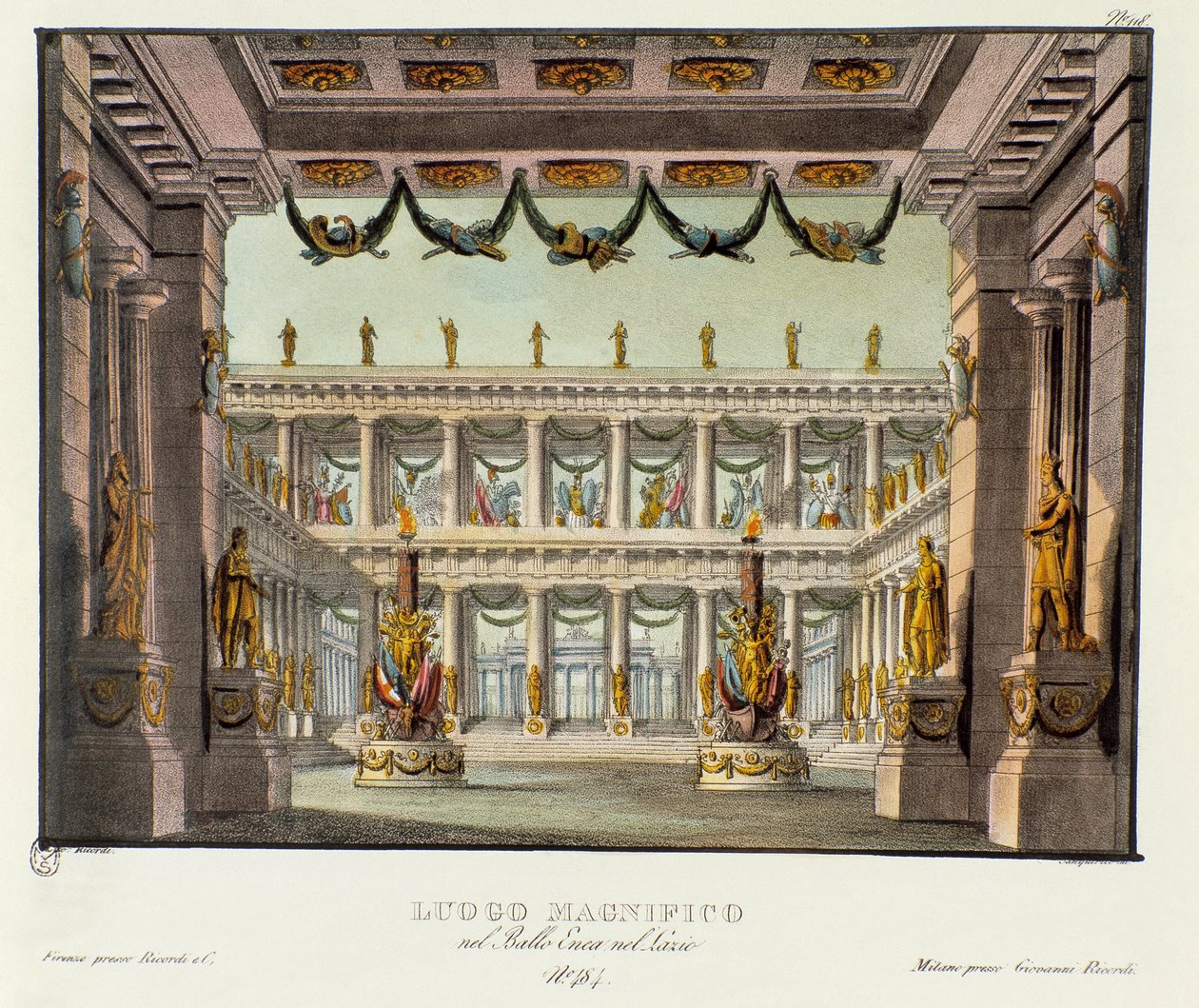 一个宏伟的地方：寺庙景观 代表朱塞佩·萨尔蒂 (Giuseppe Sarti) 的抒情剧“Enea nel Lazio”(1799 年) 的布景。 “《亚历山德罗·桑奎里科（Alessandro Sanquirico，1777-1849）1830 年风景发明集》”中的平版印刷术。 私人米兰人 作者 亚历山德罗·桑基里科（Alessandro Sanquirico）