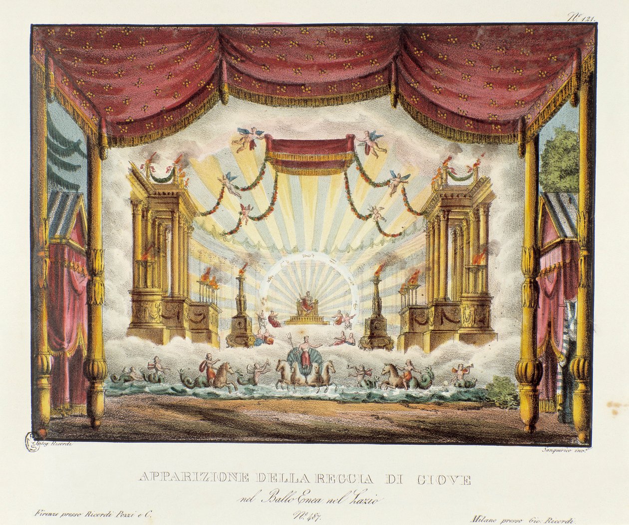 出现在朱塞佩·萨尔蒂 (Giuseppe Sarti) 的歌剧剧“Enea nel Lazio”（1799 年）中的舞台布景。 “《亚历山德罗·桑奎里科（Alessandro Sanquirico，1777-1849）1830 年风景发明集》”中的平版印刷术。 米兰私校 作者 亚历山德罗·桑基里科（Alessandro Sanquirico）