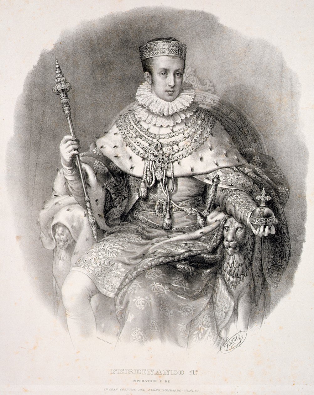Ferdinand I（1793-1875），伦巴第 - 威尼斯国王，位于州长袍，来自“伦巴第 - 威尼托王国之王”的“SMIRA Ferdinando I”，于1838年出版 作者 亚历山德罗·桑基里科（Alessandro Sanquirico）