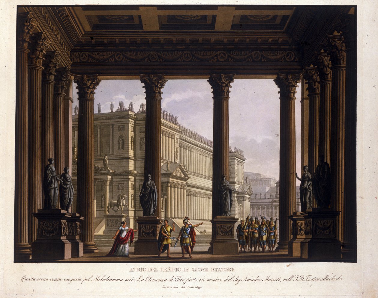 Alessandro Sanquirico (1777-1849) 为 Wolfgang Amadeus Mozart (1756-1791) 创作的《铁托的克莱门斯》(The Clemence of Tito) 于 1819 年登上了米兰的斯卡拉大剧院，代表了木星神庙的中庭。 保护维特利 作者 亚历山德罗·桑基里科（Alessandro Sanquirico）
