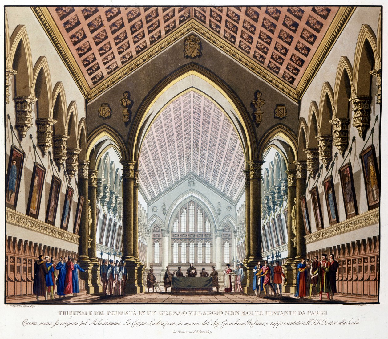 Scenography of Sanquirico for the opera “La gazza ladra” by Gioacchino Rossini represented at the Teatro alla Scala in Milan in 1817: the Tribunal du Podestat near Paris. 作者 亚历山德罗·桑基里科（Alessandro Sanquirico）