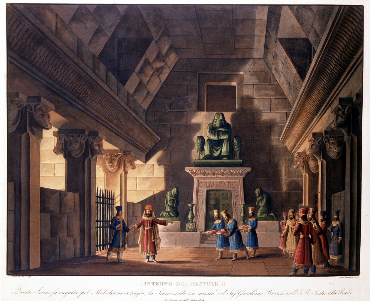 乔阿奇诺·罗西尼 (Gioacchino Rossini) 的歌剧“Semiramis”(Semiramide) 的 Sanquirico 布景在斯卡拉歌剧院 (Teatro alla Scala) 演出 作者 亚历山德罗·桑基里科（Alessandro Sanquirico）