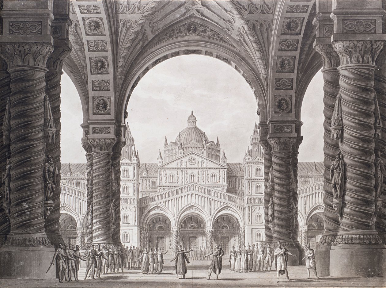 彼得-温特的歌剧《I due Valdomiri》的舞台设计。La Scala剧院，1818年。 作者 亚历山德罗·桑基里科（Alessandro Sanquirico）
