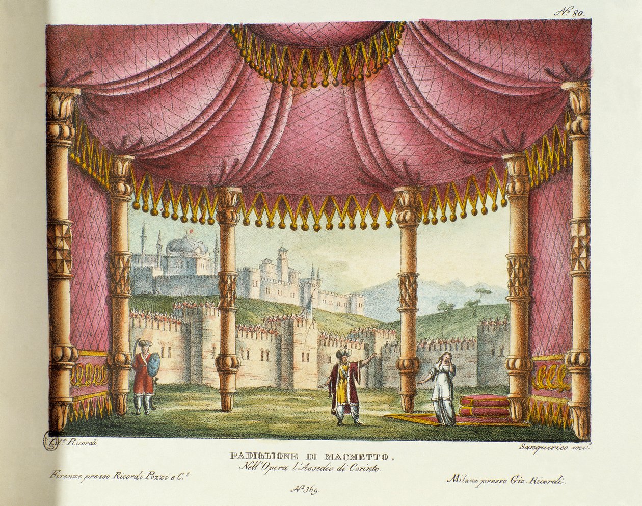 穆罕默德的亭子（第二幕） 1829 年在米兰斯卡拉剧院（Teatro alla scala）演出焦阿奇诺·罗西尼（Gioacchino Rossini）（或 Gioachino）的歌剧“围攻科林斯”（或围攻科林斯）（1826 年）的布景。 光刻在“”发明集 作者 亚历山德罗·桑基里科（Alessandro Sanquirico）
