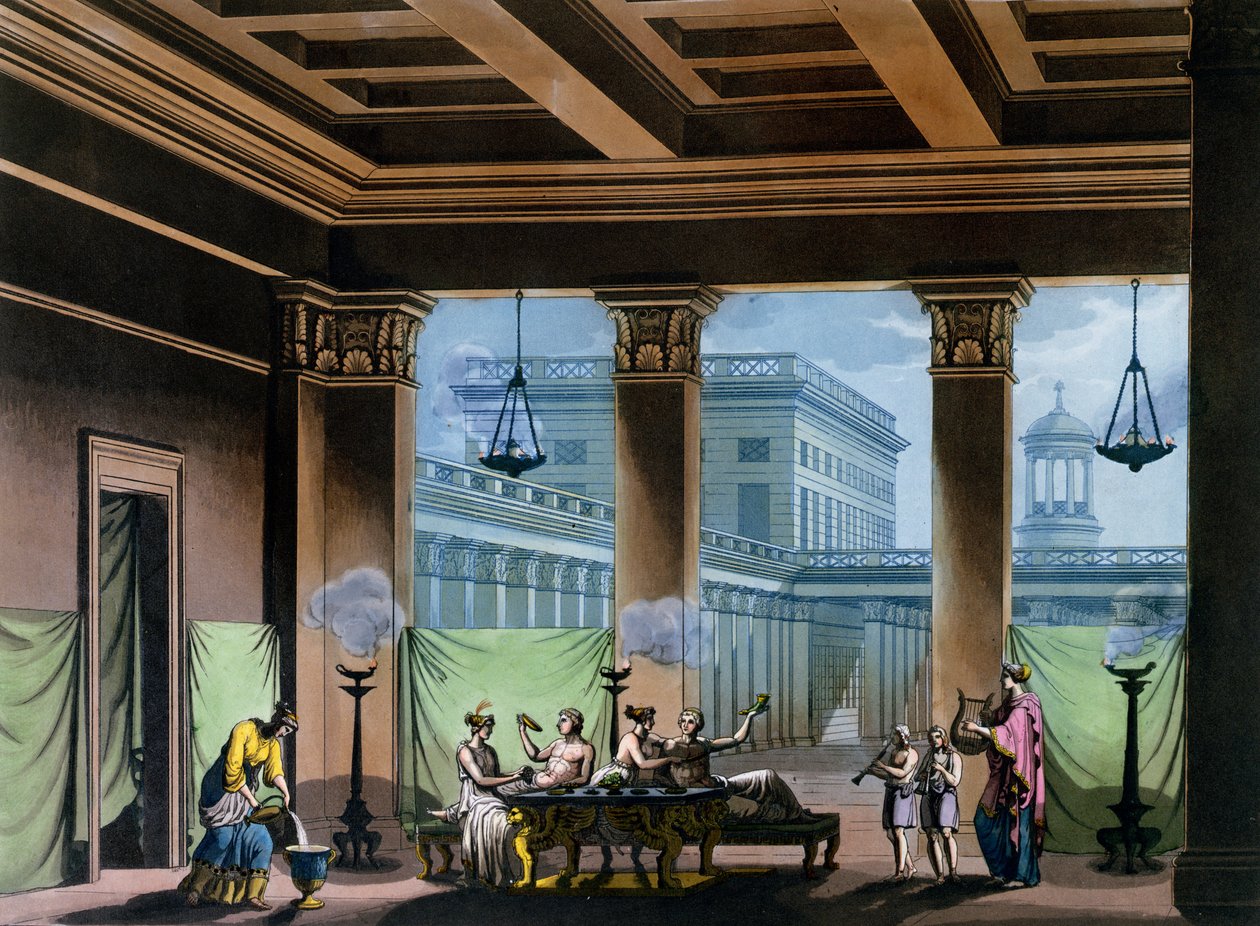 Triclinium，来自Jules Ferrario的“古老而现代的服装”，1820年 作者 亚历山德罗·桑基里科（Alessandro Sanquirico）