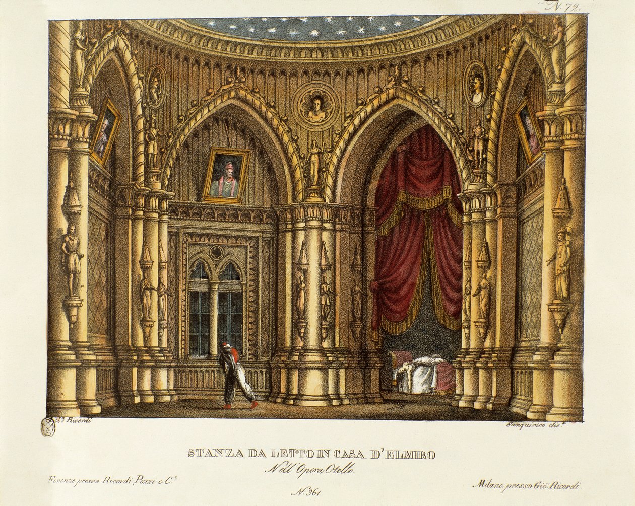 Elmire（或 Elmiro）的卧室 Gioacchino Rossini（或 Gioachino）（1816 年）根据威廉·莎士比亚的作品“奥赛罗或威尼斯的摩尔人”为歌剧“奥赛罗”设计的布景图）1830 年（石版画） 作者 亚历山德罗·桑基里科（Alessandro Sanquirico）