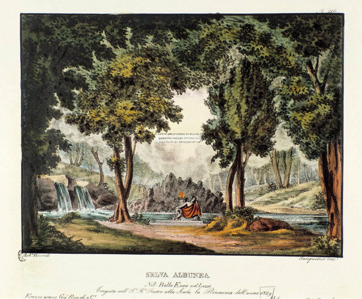 Sibyl Albunea 的森林 代表朱塞佩·萨尔蒂 (Giuseppe Sarti) 的歌剧剧“Enea nel Lazio” (1799) 的场景。 “《亚历山德罗·桑奎里科（Alessandro Sanquirico，1777-1849）1830 年风景发明集》”中的平版印刷术。 米兰私人收藏 作者 亚历山德罗·桑基里科（Alessandro Sanquirico）