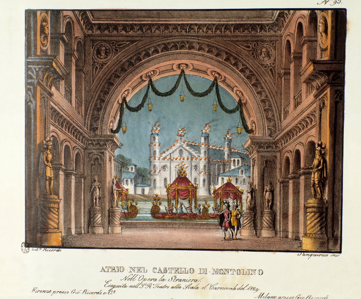 布列塔尼蒙托利诺城堡的前厅 1829 年，文森佐·贝里尼 (Vincenzo Bellini) 的歌剧“La straniera”(1828 年) 在斯卡拉剧院 (Teatro alla scala) 演出的场景。 亚历山德罗·桑基里 (Alessandro Sanquiri) 1830 年风景发明集“”中的平版印刷术 作者 亚历山德罗·桑基里科（Alessandro Sanquirico）
