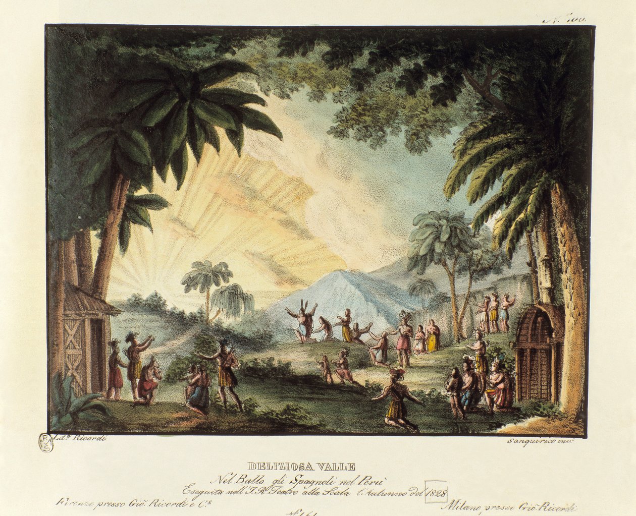 意大利编舞家乔瓦尼·加尔泽拉尼（Giovanni Galzerani，1780-1865 年）（1828 年）为芭蕾舞剧“Gli spagnoli nel 秘鲁”设计的西班牙征服新世界时的美丽山谷景观。 “” Raccolta di invenzioni 中的平版印刷术 作者 亚历山德罗·桑基里科（Alessandro Sanquirico）