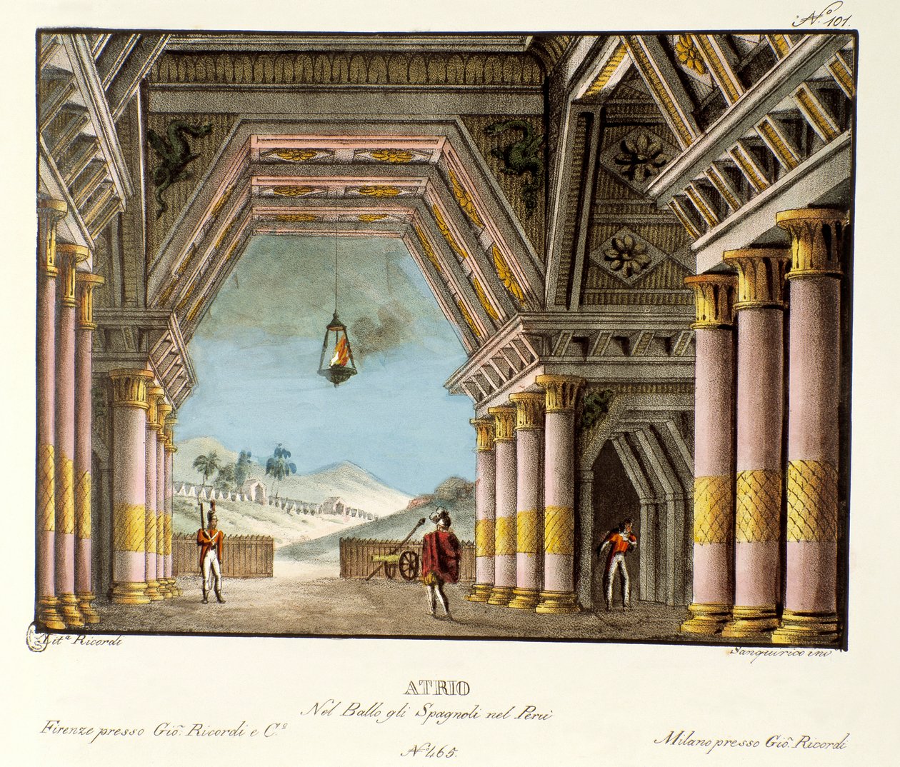 View of a large palace room Scenography for the ballet “” Gli spagnoli nel Peru”” by Italian choreographer Giovanni Galzerani (1780-1865) (1828). Lithography in “” Raccolta di invenzioni sceniche del 1830 di Alessandro Sanquirico (1777-1849)””. Milanese pr 作者 亚历山德罗·桑基里科（Alessandro Sanquirico）