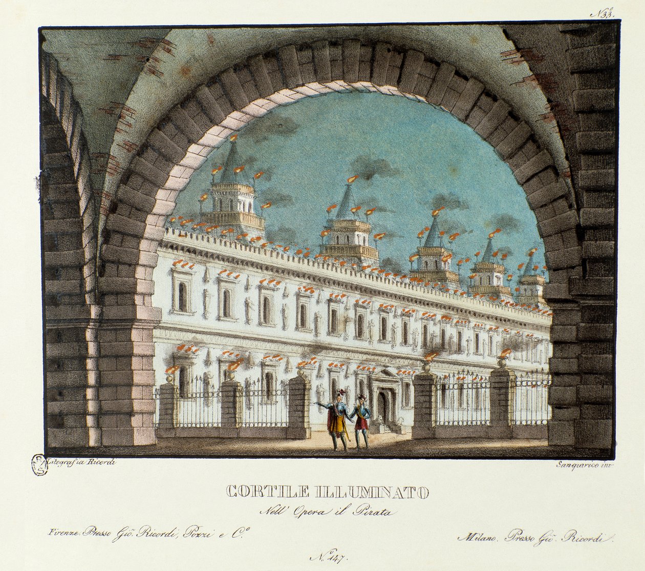 大型照明庭院景观，用于展示 Vincenzo Bellini 的歌剧 Il pirata（海盗）（1827 年）。 “《亚历山德罗·桑奎里科（Alessandro Sanquirico，1777-1849）1830 年风景发明集》”中的平版印刷术。 米兰私人 c 作者 亚历山德罗·桑基里科（Alessandro Sanquirico）