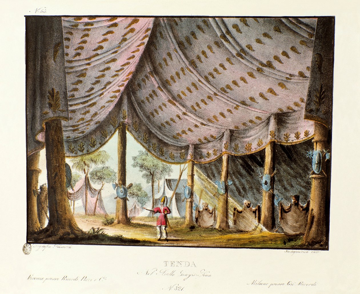 成吉思汗皇家帐篷景观 意大利编舞家乔瓦尼·加尔泽拉尼 (Giovanni Galzerani) (1780-1865) (1828) 的芭蕾舞剧“Genis-Kan”的布景。 “《亚历山德罗·桑奎里科（Alessandro Sanquirico，1777-1849）1830 年风景发明集》”中的平版印刷术。 米兰私人 作者 亚历山德罗·桑基里科（Alessandro Sanquirico）
