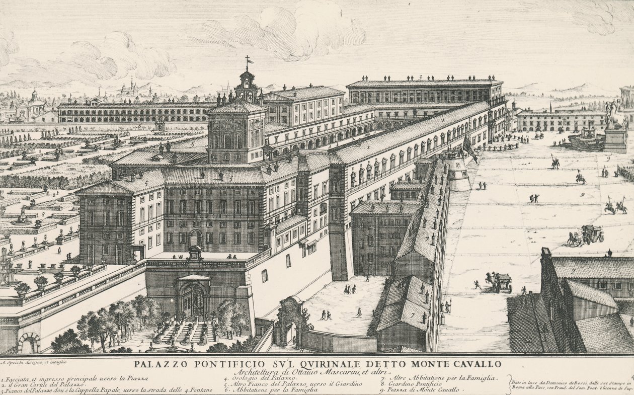 Quirinale山上的教皇宫，也被称为Monte Cavallo，由Alessandro Specchi（1668-1729）绘制和雕刻，意大利 作者 亚历山德罗·斯佩基（Alessandro Specchi）