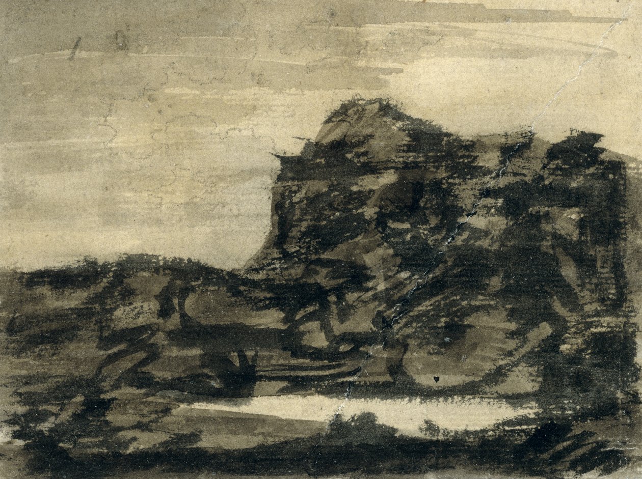 岩壁下的湖（铅笔在纸上用黑色，灰色和棕色洗） 作者 亚历山大·科曾斯