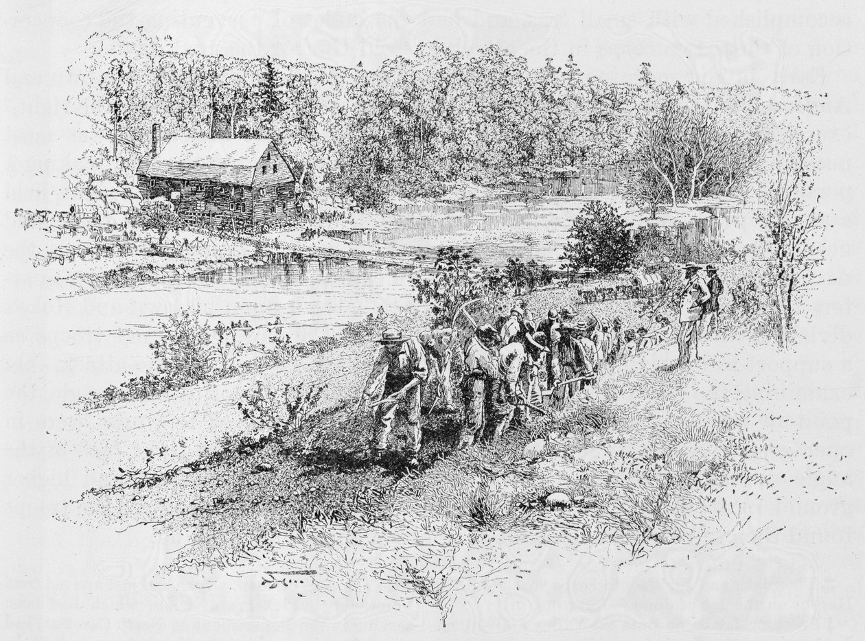 杰里科米尔斯：联合工程师团队在工作中，由哈里芬恩（183845-1911）拍摄的照片，来自“内战的战斗和领导者”的插图，由罗伯特安德伍德约翰逊和C编辑 作者 亚历山大·加德纳