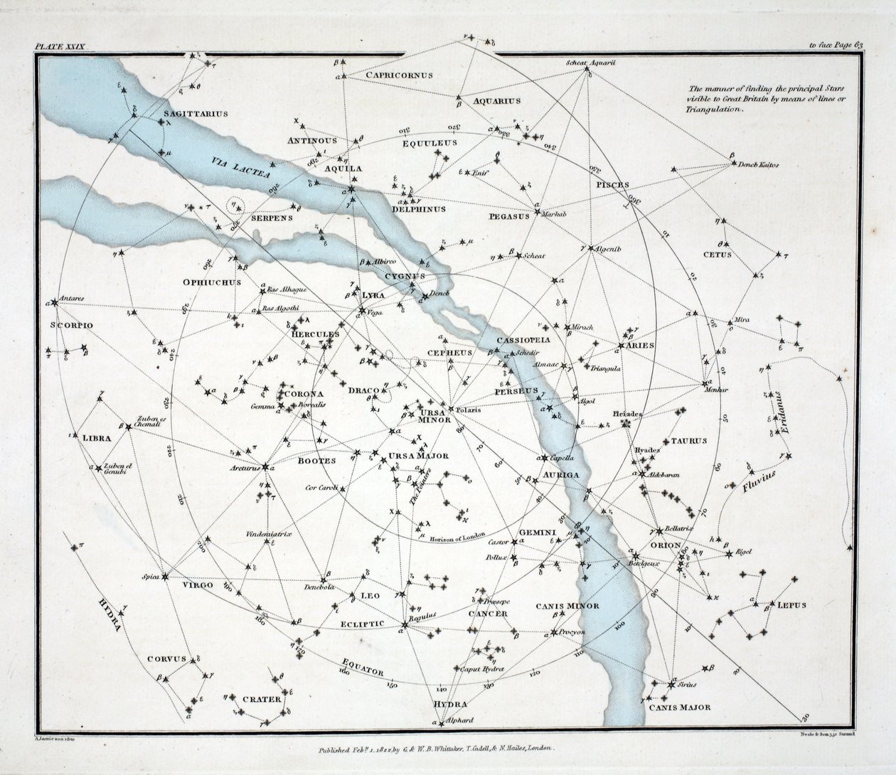 地图显示在英国可见的主要恒星（板块（XXIX），来自&39;A Celestial Atlas&39;的Alexander Jamieson，酒吧。伦敦1822年（手工彩色雕刻） 作者 亚历山大·杰米森