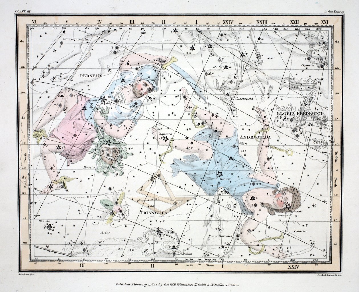 星座（板块III）Andromeda，Triangula，I Perseus et Caput Meduse，Gloria Frederici，来自&39;A Celestial Atlas&39;，由Alexander Jamieson，酒吧。伦敦1822年（手工彩色雕刻） 作者 亚历山大·杰米森