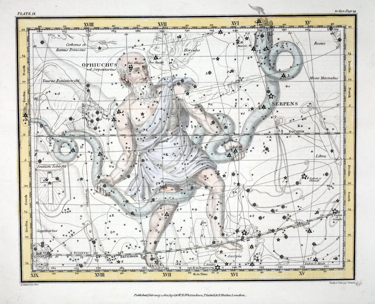 星球（板九）Olphiuchus，或Serpentarius，和Serpens，来自&39;A Celestial Atlas&39;，由Alexander Jamieson，酒吧。伦敦1822年（手工彩色雕刻） 作者 亚历山大·杰米森