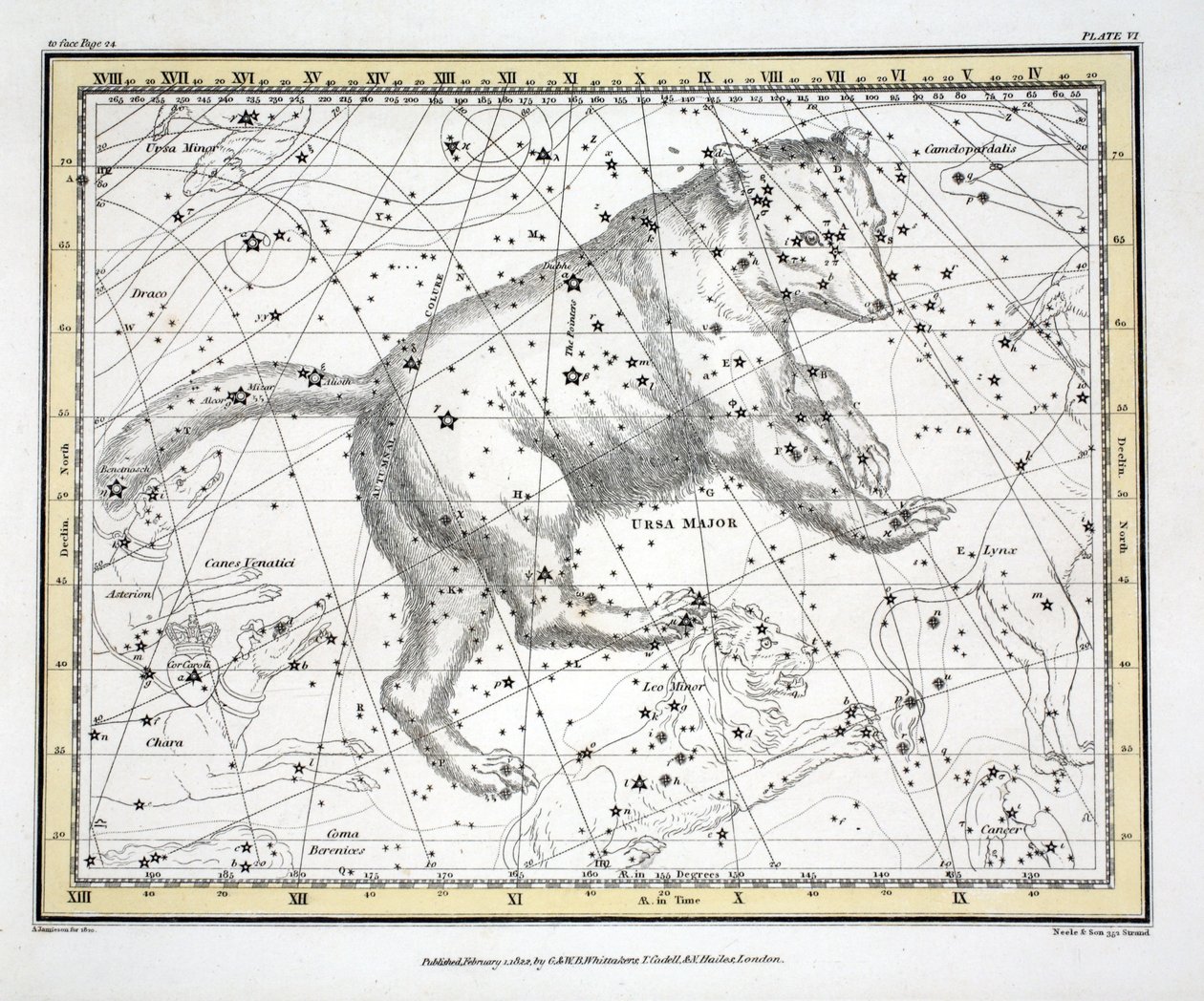 星座（板块六）Ursa Major，来自亚历山大·贾米森（Alexander Jamieson）的“天体地图集”（A Celestial Atlas）。伦敦1822年（手工彩色雕刻） 作者 亚历山大·杰米森