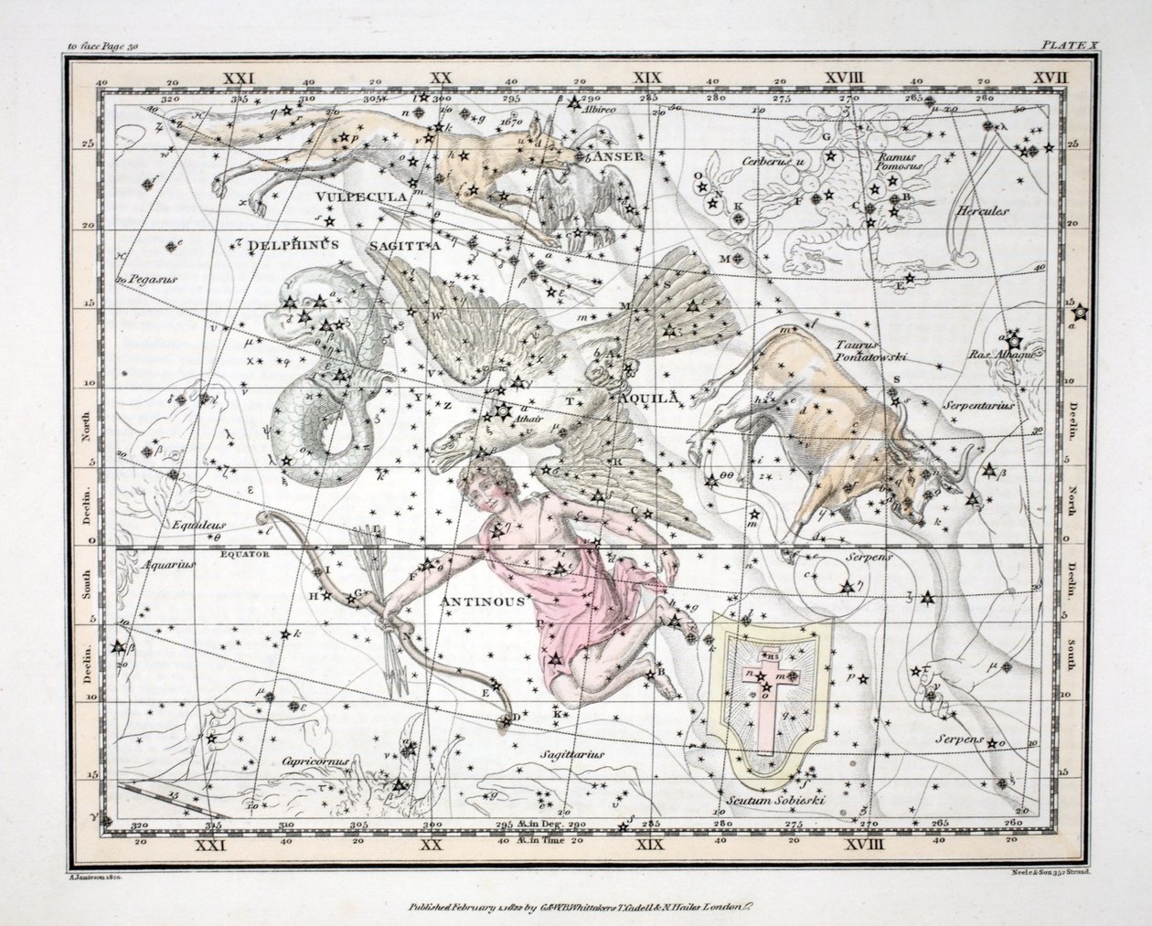 星座（板块X）Aquila et Antinous，Scutum Sobieski，Taurus Poniatowski，Sagitta，Valpecula et Anser和Delphinus，来自&39;A Celestial Atlas&39;，由Alexander Jamieson，pub。伦敦1822年（手 作者 亚历山大·杰米森