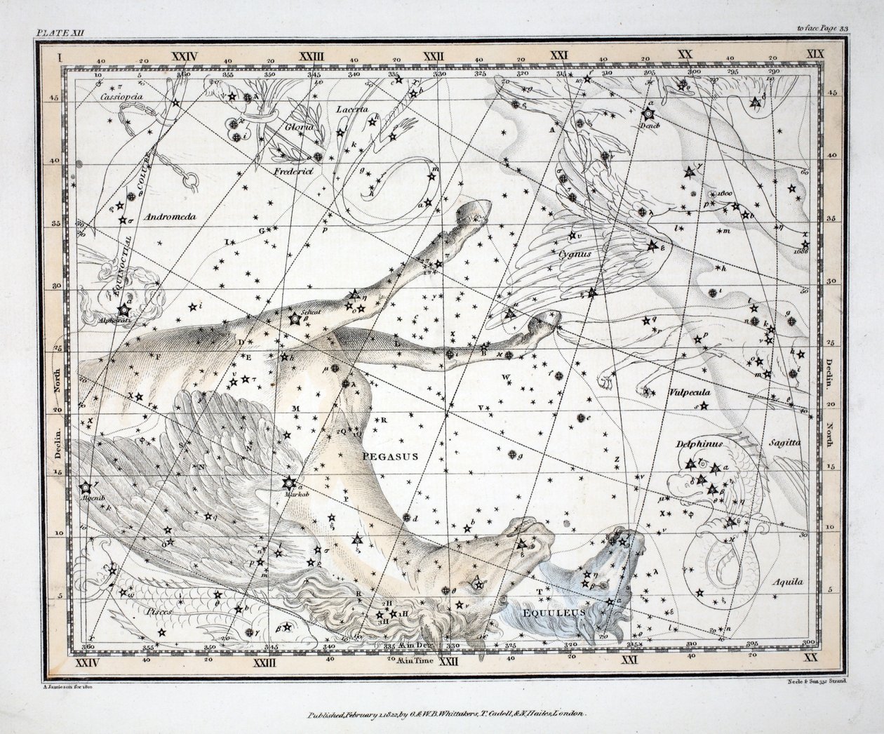 星座（板块XII）Pegasus和Equuleus，来自&39;A Celestial Atlas&39;，由Alexander Jamieson，酒吧。伦敦1822年（手工彩色雕刻） 作者 亚历山大·杰米森