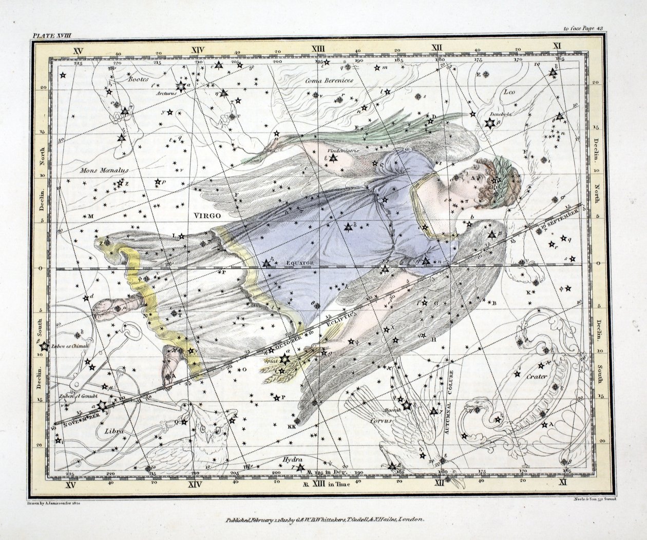 星座（板块XVIII）处女座，来自亚历山大·贾米森（Alexander Jamieson）的“天体地图集”（A Celestial Atlas），酒吧。伦敦1822年（手工彩色雕刻） 作者 亚历山大·杰米森