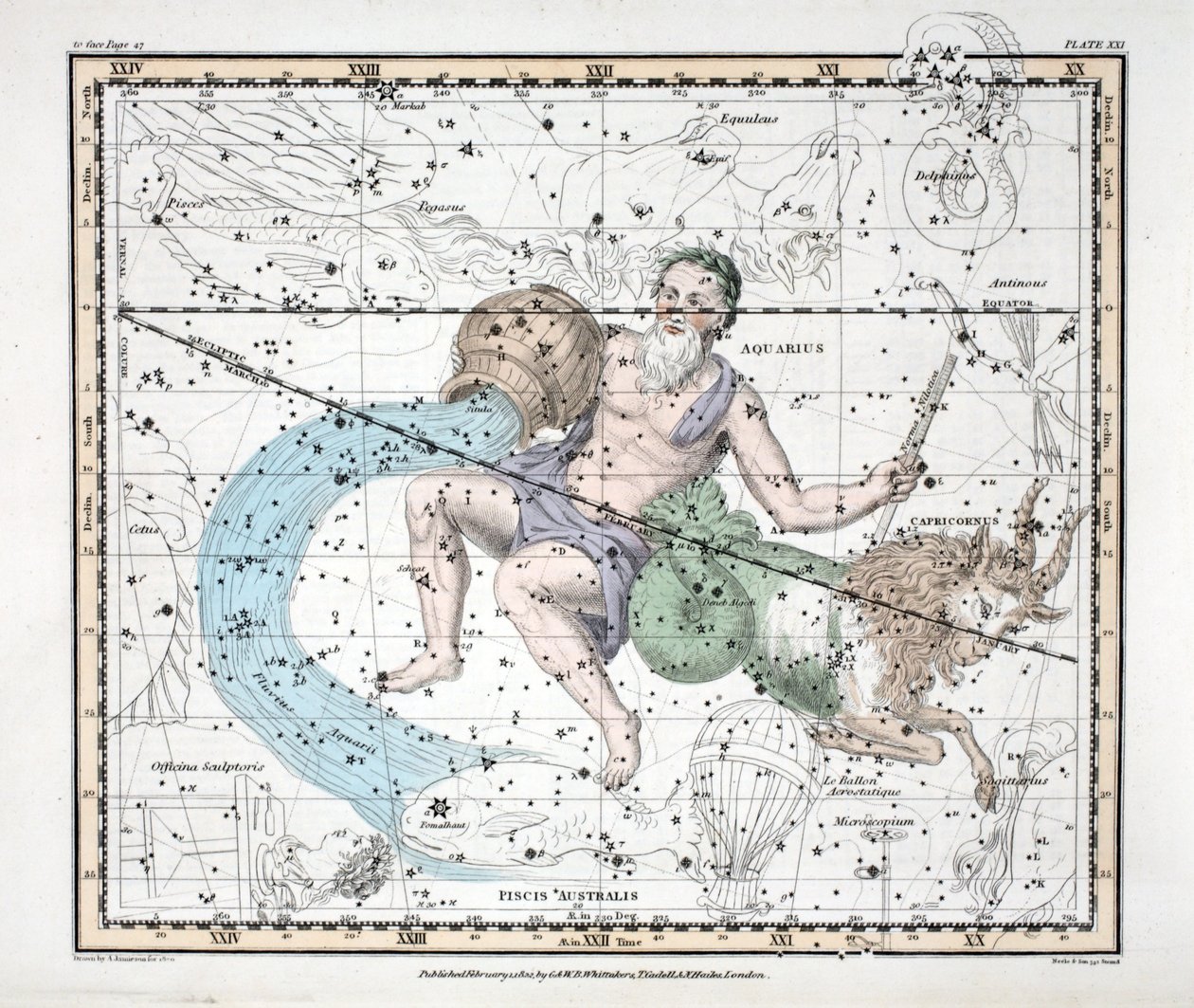星座（板块XXI）摩羯座和水瓶座，来自&39;A Celestial Atlas&39;，由Alexander Jamieson，酒吧。伦敦1822年（手工彩色雕刻） 作者 亚历山大·杰米森
