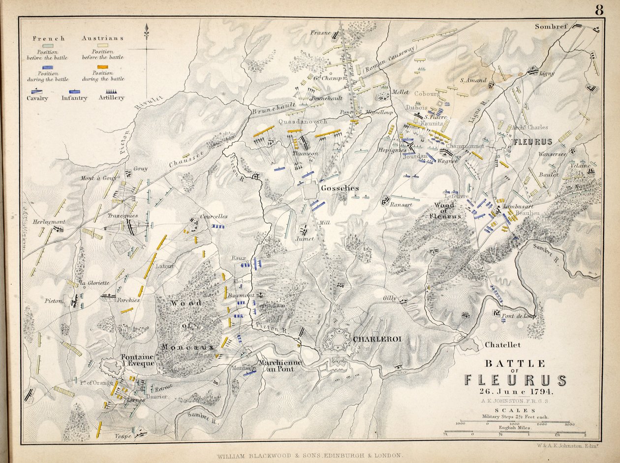 Fleurus战役地图，由威廉·布莱克伍德和儿子出版，爱丁堡和伦敦，1848年（手工彩色雕刻） 作者 亚历山大·基思·约翰斯顿