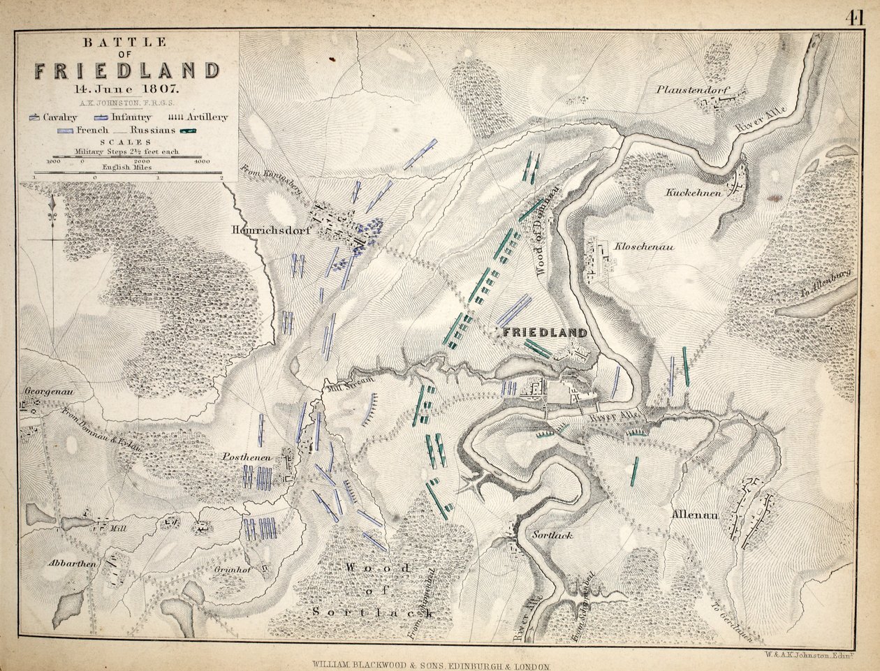 弗里德兰战役地图，由William Blackwood和Sons出版，爱丁堡和伦敦，1848年（手工彩色雕刻） 作者 亚历山大·基思·约翰斯顿