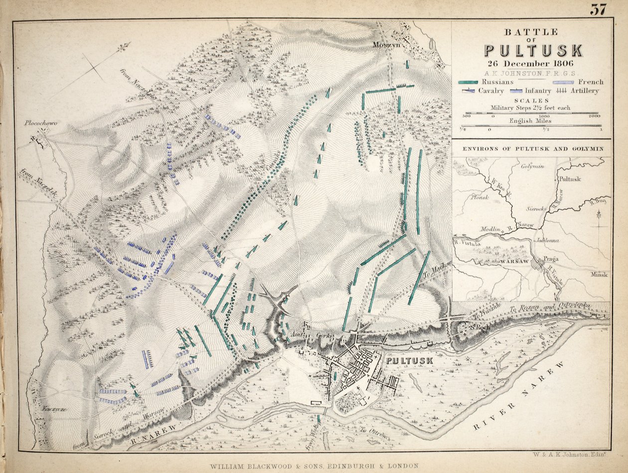 Pultusk战役地图，由威廉·布莱克伍德和儿子出版，爱丁堡和伦敦，1848年（手工彩色雕刻） 作者 亚历山大·基思·约翰斯顿