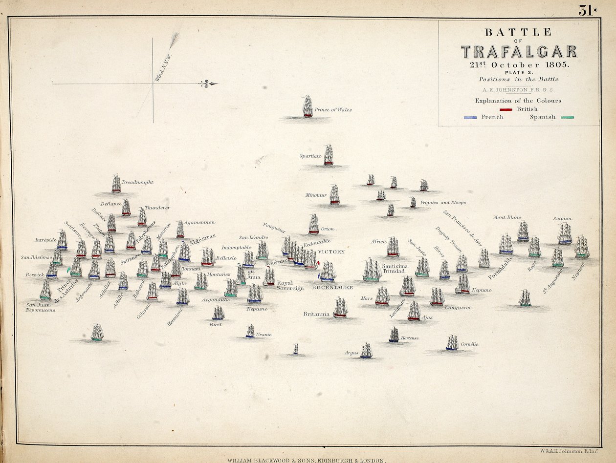 特拉法加战役地图，由William Blackwood and Sons，爱丁堡和伦敦出版，1848年（手工雕刻） 作者 亚历山大·基思·约翰斯顿