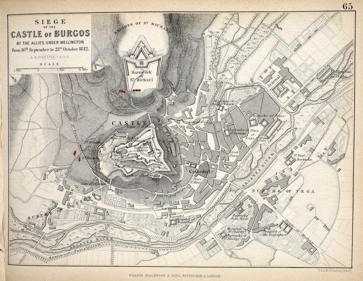 布尔戈斯城堡围城地图，由William Blackwood and Sons，爱丁堡和伦敦出版，1848年（手工雕刻） 作者 亚历山大·基思·约翰斯顿