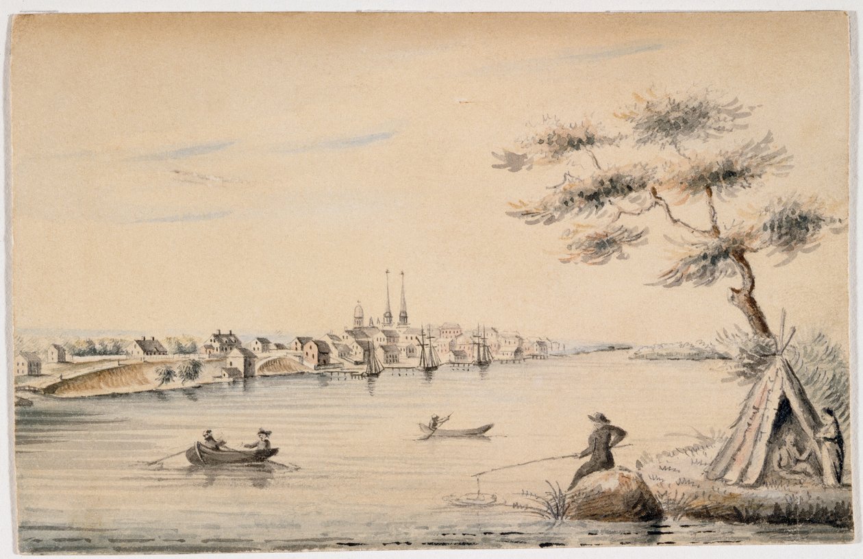 1821年从加拿大海岸看到的底特律（黑色墨水和纸上的铅笔） 作者 亚历山大·马克姆