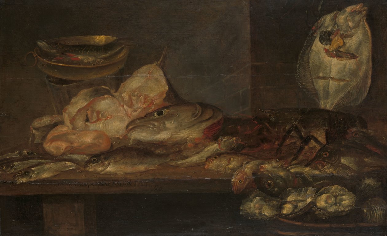 旁边桌子上的鱼和龙虾、牡蛎静物画 作者 亚历山大·阿德里亚森（Alexander Adriaenssen）