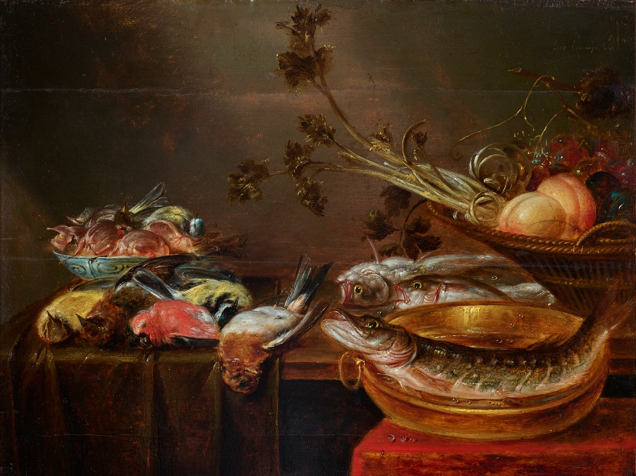 有鱼、鸟和水果的静物 作者 亚历山大·阿德里亚森（Alexander Adriaenssen）