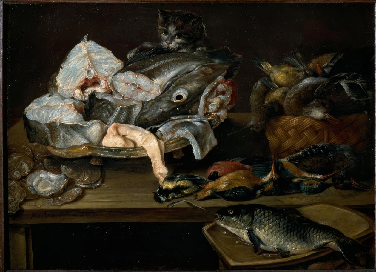 静物鱼类，海鲜，家禽和猫 作者 亚历山大·范·阿德里亚森（Alexander van Adriaenssen）