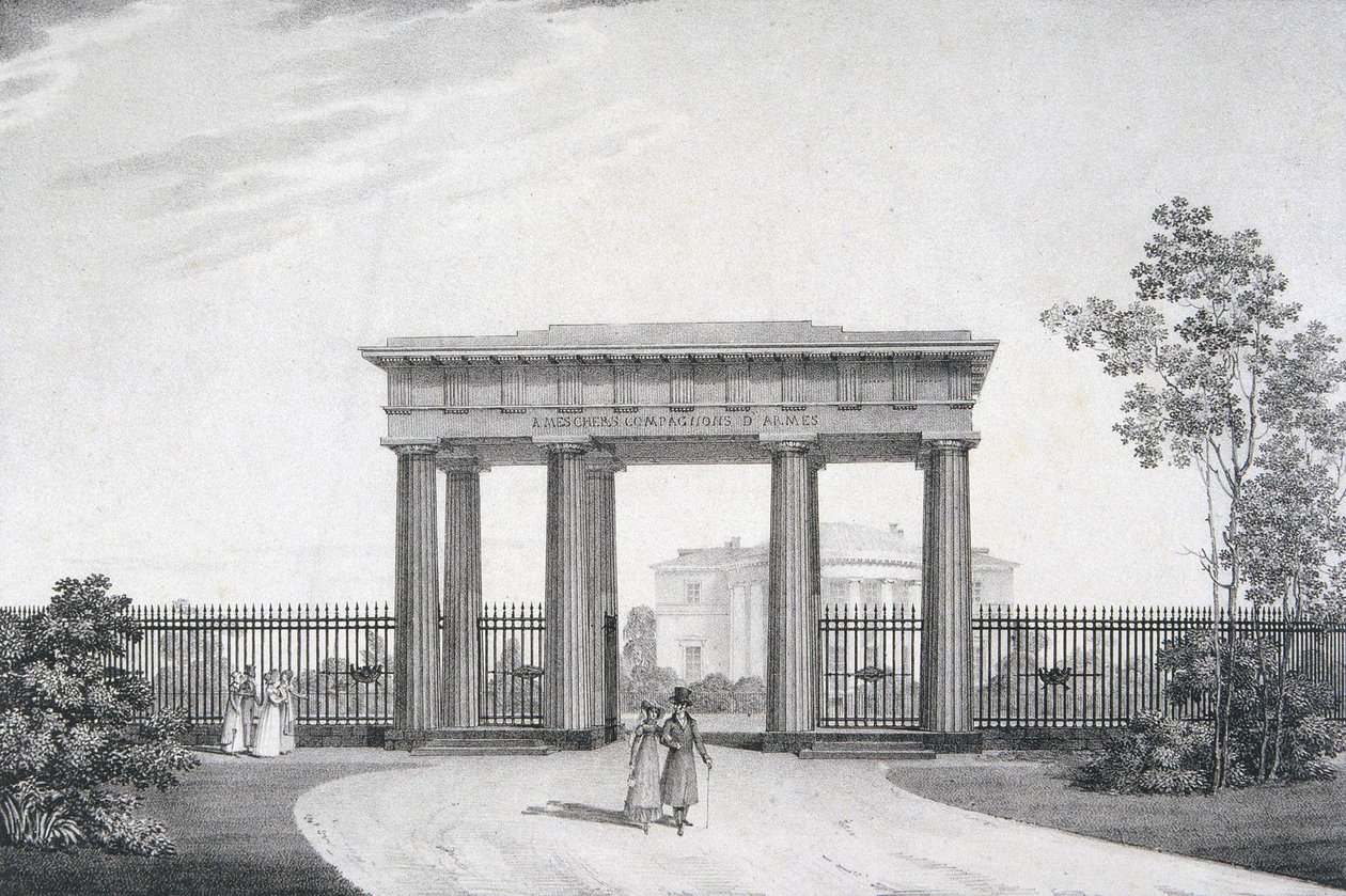 亲爱的战友们大门，在Tsarskoye Selo的凯瑟琳公园，1822年 作者 亚历山大·安德烈耶维奇·托恩